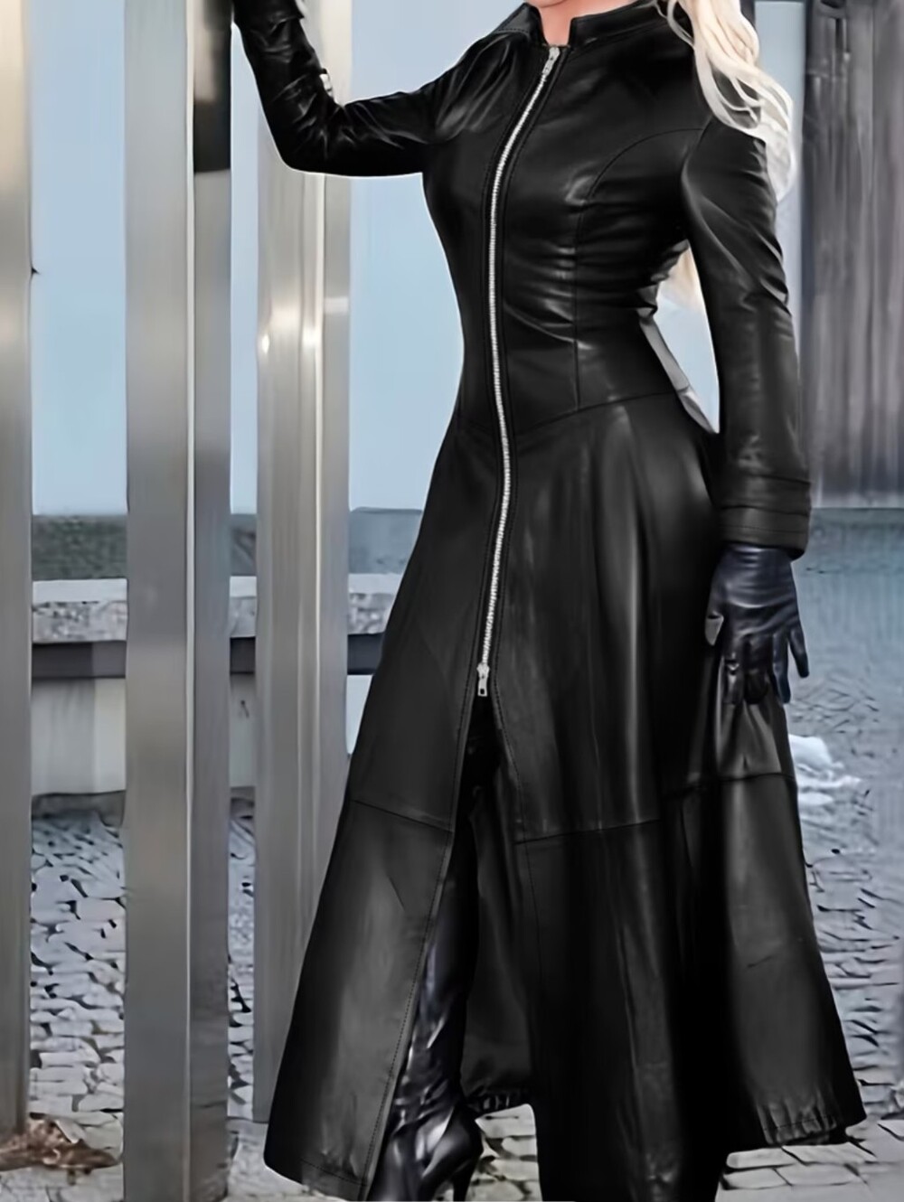 Womens Black Long Trench Coat with Zip Front